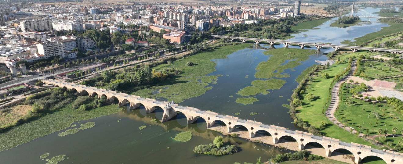 Puente de Palmas sobre el Guadiana en Badajoz. Fotografía aérea con dron de VISUAIR