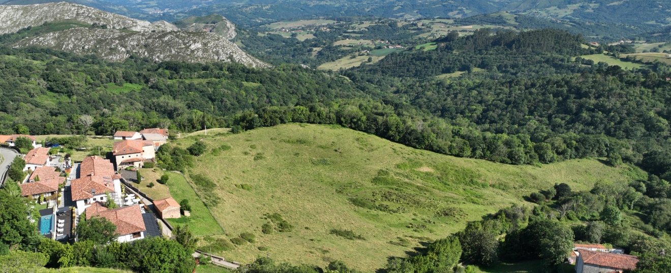 Finca de Cofiño con el pueblo y los Picos al fondo. Fotografía aérea con dron de VISUAIR